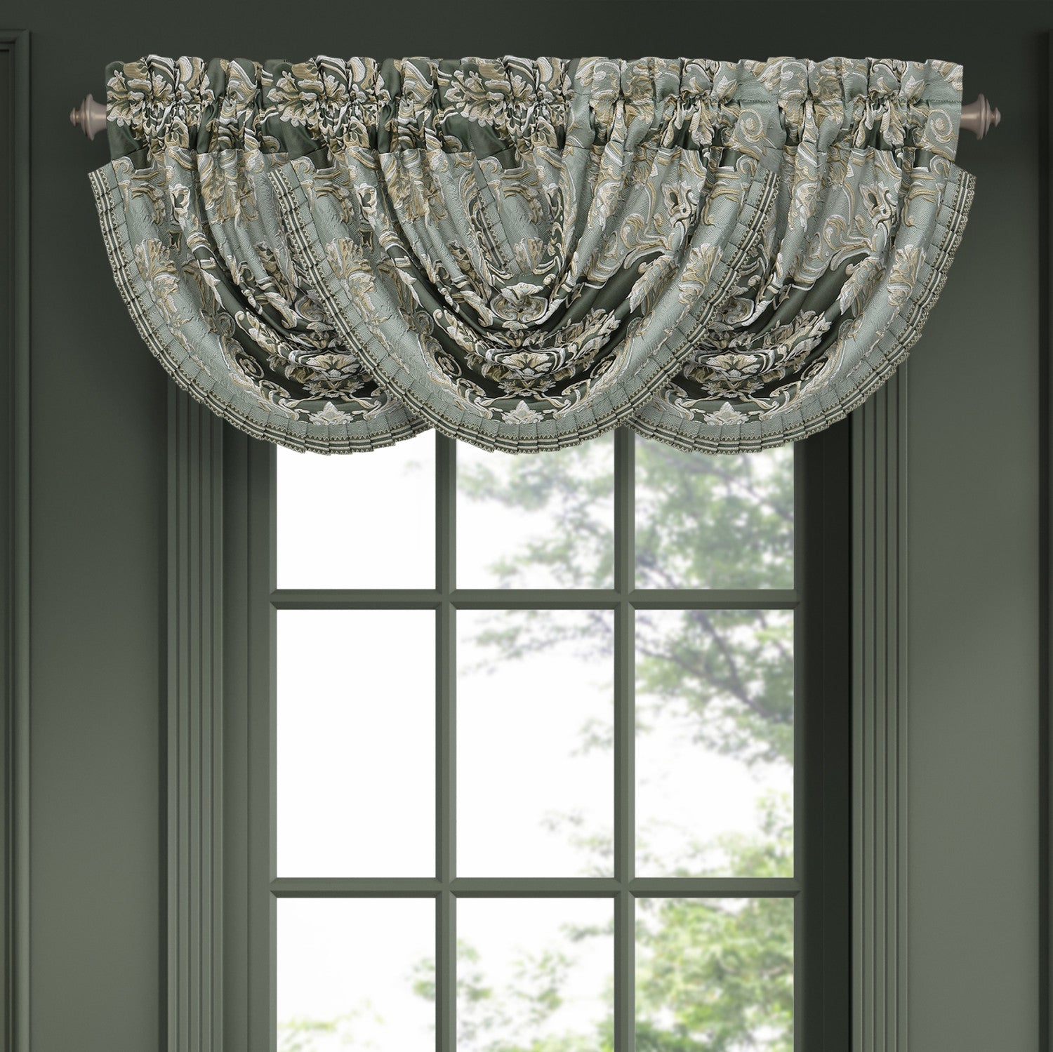 Alina Waterfall Valance – Dusty Teal Damask – J. Queen New York