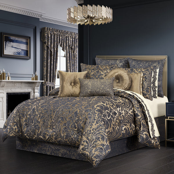 Glimmerstone Indigo Blue & Gold Damask Comforter Set - 4 Piece